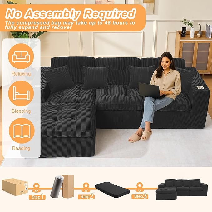 108 Inch Cloud Sectional Couch Modern Modular Sectional Sofa with Deep Seat - L Shaped Comfy 3 Seater Sectional Couches Memory Foam Boneless Fits Living Room & Bedroom, Black