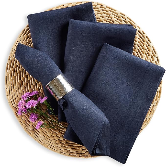 Solino Home Navy Blue Linen Napkins Set of 4 - 100% Pure Linen Dinner Napkins 20 x 20 Inch for Fall, Autumn, Christmas, Holiday, Winter, New Year - Fete