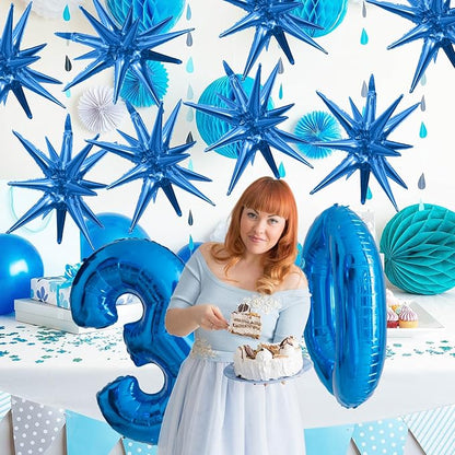 Blue Star Balloons,9Pcs 22Inch Blue Explosion Spike Cone Helium Polyester Film Star Foil Balloons for Birthday Anniversary Baby Shower Wedding Disco Party Decorations