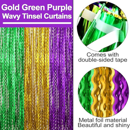 4 Pack Gold Green Purple Fringe Curtain Backdrop 3.2Ft x 8.2Ft Metallic Tinsel Foil Fringe Streamers Background for Photo Booth Mother's Day, Easter, Carnival, Birthday, Wedding Party Decoration