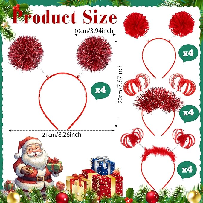Censen 16 Pcs Pom Pom Headband Party Headbands Tinsel Wrapped Ponytail Head Bopper Costume Headwear Team Spirit Accessories