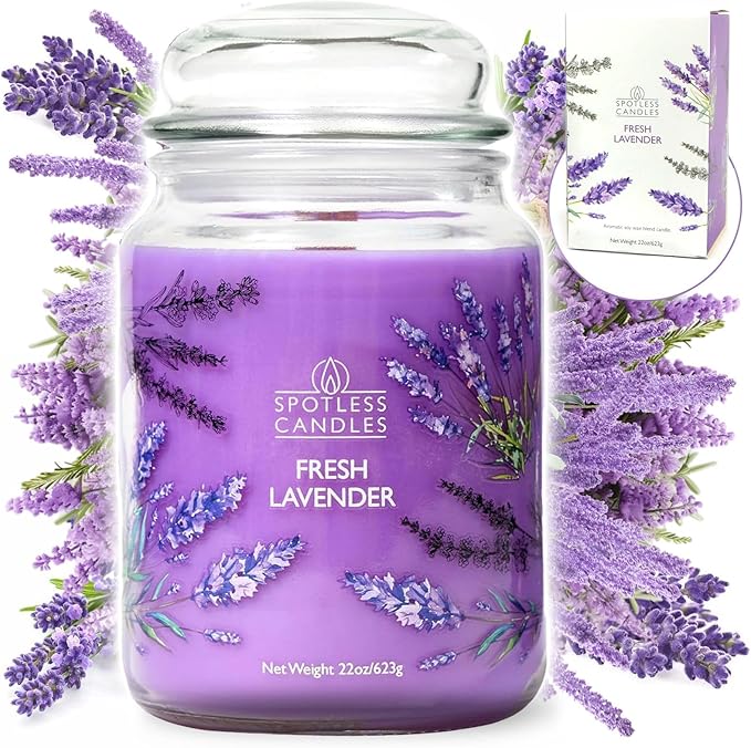 Fresh Lavender Candle 22oz Glass Jar with Wooden Wick in a Decorated Jar Within a Presentation Gift Box and Protective Shipping Box