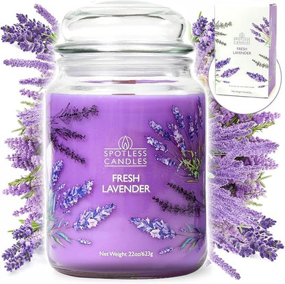 Fresh Lavender Candle 22oz Glass Jar with Wooden Wick in a Decorated Jar Within a Presentation Gift Box and Protective Shipping Box