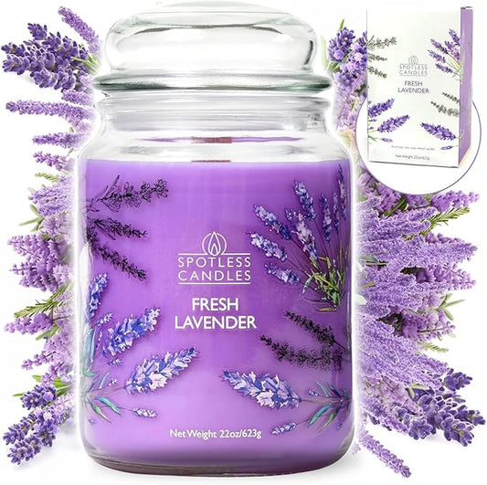 Fresh Lavender Candle 22oz Glass Jar with Wooden Wick in a Decorated Jar Within a Presentation Gift Box and Protective Shipping Box