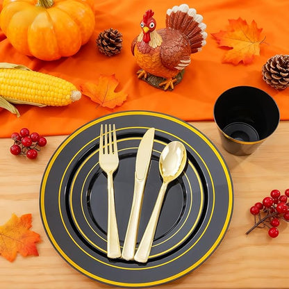 WELLIFE 210PCS Black and Gold Plastic Plates - Plastic Dinnerware Set for 30 Guests,Include 30 Dinner Plates, 30 Dessert Plates, 30 Black Cups 9 OZ, 30 Pre Rolled Napkins with Gold Silverware