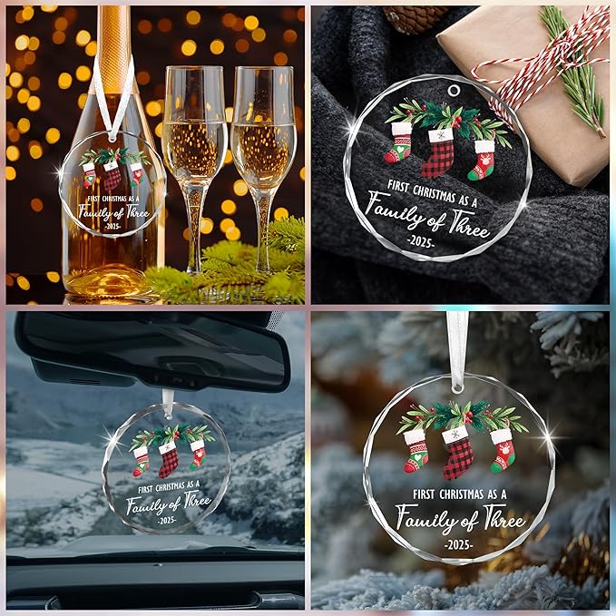 Baby's First Christmas Ornaments 2025 - Christmas Tree Decoration Glass Ornaments - New Parents Mom Dad, Baby First Ornament, First Christmas As A Family of Three, Ideal for New Mom Dad