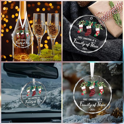 Baby's First Christmas Ornaments 2025 - Christmas Tree Decoration Glass Ornaments - New Parents Mom Dad, Baby First Ornament, First Christmas As A Family of Three, Ideal for New Mom Dad