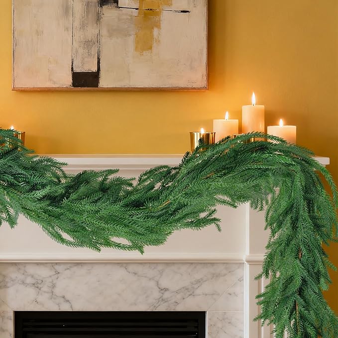 2PCS 6Ft Christmas Norfolk Pine Garland, Realistic Artificial Greenery Cedar Garland for Christmas Holiday Mantel Fireplace Table Indoor Outdoor Decoration