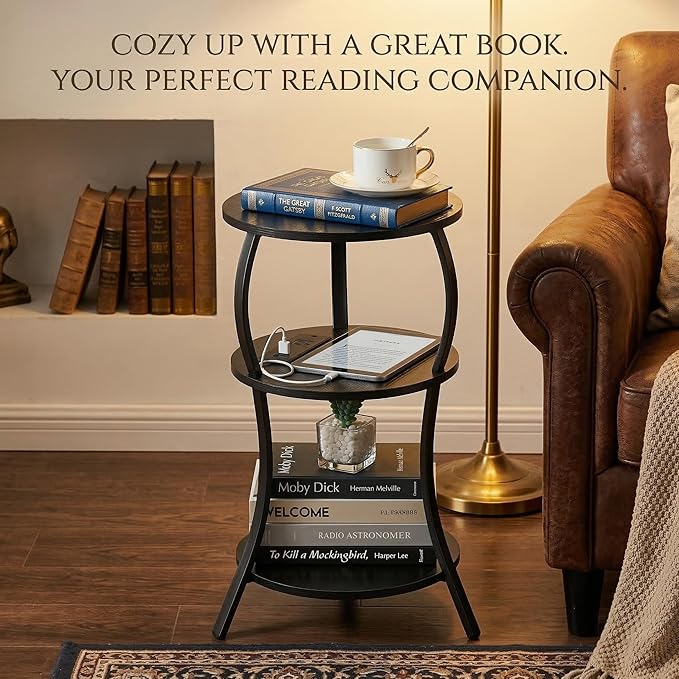 Small Round Side Table with Charging Station, 3-Tier Waist Circular End Table with Storage Shelf, Compact Tea Sofa Side Table Small Spaces, Round Corner Coffee Table for Living Room Bedroon,Black