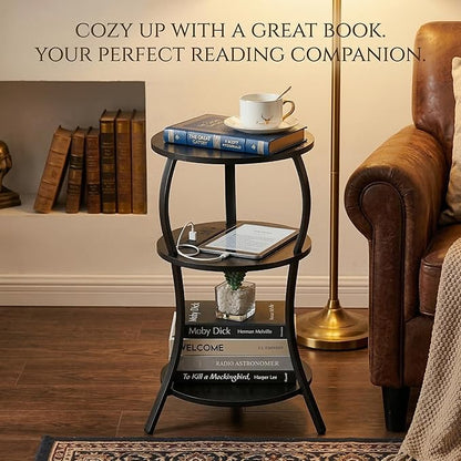 Small Round Side Table with Charging Station, 3-Tier Waist Circular End Table with Storage Shelf, Compact Tea Sofa Side Table Small Spaces, Round Corner Coffee Table for Living Room Bedroon,Black