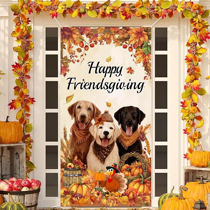 Friendsgiving Door Cover Banner Happy Thanksgiving Party Decorations, Dog Pumpkin Maple Leaves Give Thanks Turkey Friendsgiving Door Party Decorations