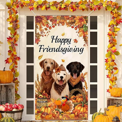 Friendsgiving Door Cover Banner Happy Thanksgiving Party Decorations, Dog Pumpkin Maple Leaves Give Thanks Turkey Friendsgiving Door Party Decorations