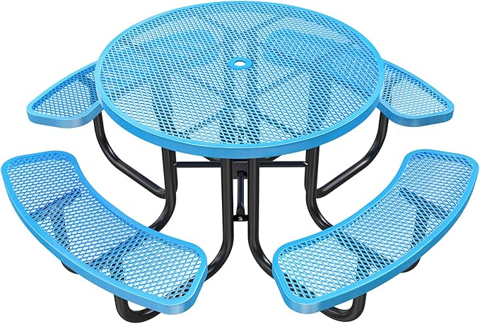 47'' Heavy-Duty Metal Picnic Tables with Umbrella Hole, Outdoor Steel Heavy Duty Commercial Grade Black Table, Outdoor Bench Set for Lawn, Patio, Park, Yard, Garden, Porch (Set C, Round)