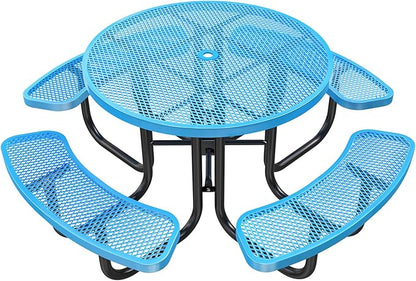 47'' Heavy-Duty Metal Picnic Tables with Umbrella Hole, Outdoor Steel Heavy Duty Commercial Grade Black Table, Outdoor Bench Set for Lawn, Patio, Park, Yard, Garden, Porch (Set C, Round)