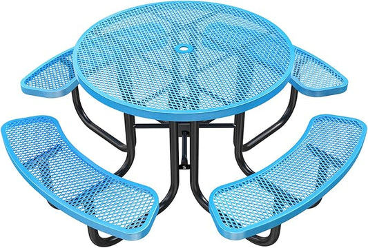 47'' Heavy-Duty Metal Picnic Tables with Umbrella Hole, Outdoor Steel Heavy Duty Commercial Grade Black Table, Outdoor Bench Set for Lawn, Patio, Park, Yard, Garden, Porch (Set C, Round)