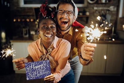 Better Office Products 50 Pack Happy Holidays Cards with Silver Foil Accents, 5" x 7", High Gloss, Interior Greeting, with 50 Envelopes, Christmas Cards, New Years Cards, 50 Count Boxed Set