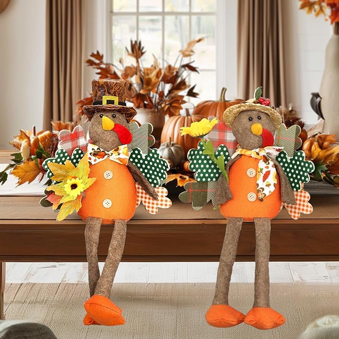 Turkey Decorations Indoor- Thanksgiving Decorations for Home, Office - Stuffed Turkey Animal Plush Doll Figurines - Pilgrim Decor for Autumn, Harvest Tabletop Centerpieces Ornaments Shelf Sitters