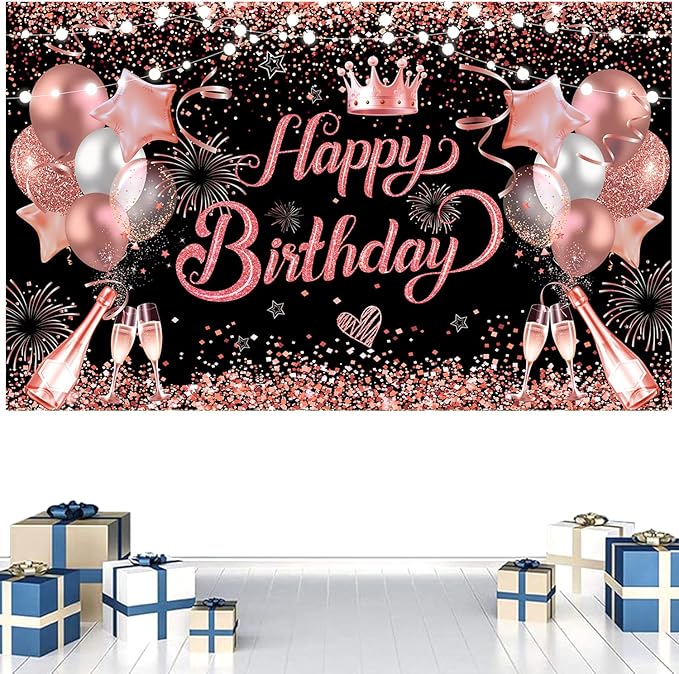 YinQin 180x120 cm Glitter Rose Golden Happy Birthday Party Backdrops Cloth 71x47 inch Pink Golden Bday Photography Backgrounds Black Rose Gold Happy Birthday Sign Banner Decorations for Girl Women