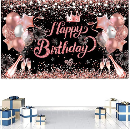 YinQin 180x120 cm Glitter Rose Golden Happy Birthday Party Backdrops Cloth 71x47 inch Pink Golden Bday Photography Backgrounds Black Rose Gold Happy Birthday Sign Banner Decorations for Girl Women