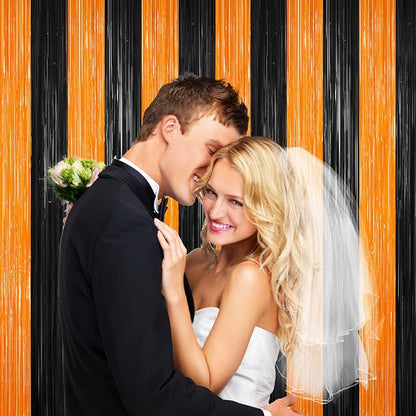 Black and Orange Tinsel Backdrop Foil Fringe Curtains - 2 Packs Door Streamers Backdrop for Birthday Door Decorations, Party Supplies for Bachelorette, Halloween, Christmas, Disco Decor