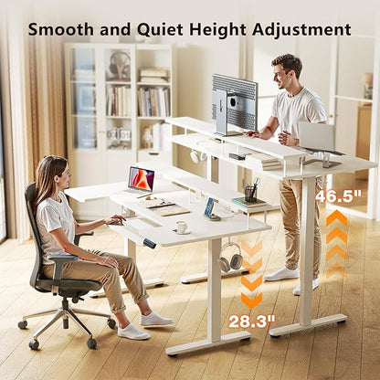 OffiGo U Shaped Electric Standing Desk with Keyboard Tray, 55 Inch Height Adjustable Desk with Power Outlets & LED Lights, Sit Stand Table with Monitor Stand for Home, Office, White