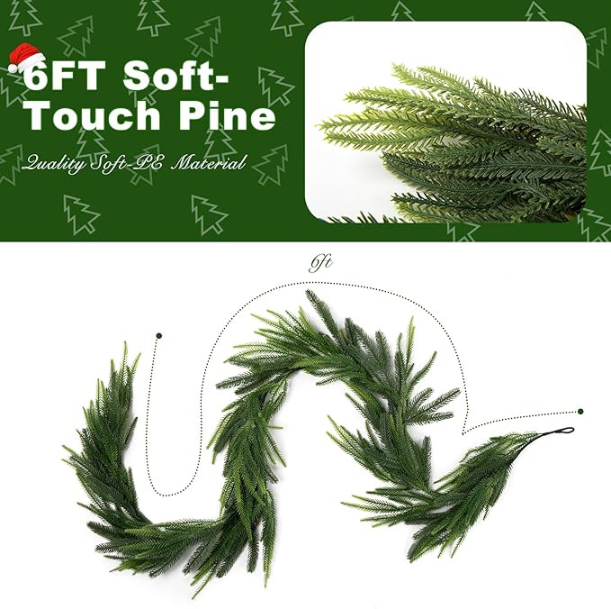 Christmas Norfolk Pine Garland, 6FT Soft-Touch Artificial Pine, Realistic Winter Garland for Mantle, Table, Fireplace, Wall Xmas Decor
