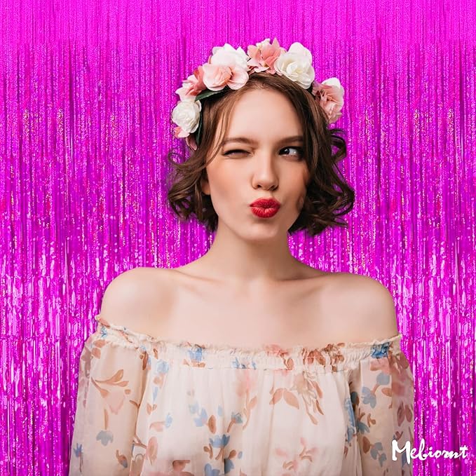4 Pack 3.2Ft x 8.2Ft Fuchsia Fringe Curtain Backdrop, Sparkle Metallic Tinsel Foil Fringe Streamers Background for Photo Booth Birthday Wedding Baby Shower Halloween Christmas Party Decorations