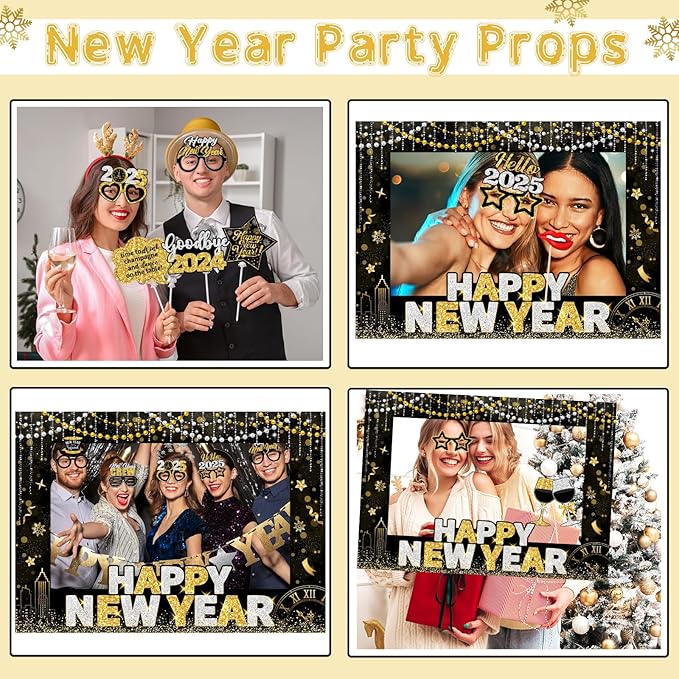 2025 New Years Photo Booth Props,New Years Eve Party Supplies 2025 Black Gold New Year Photo Booth Props with Photo Frame for New Years Eve Party Decorations