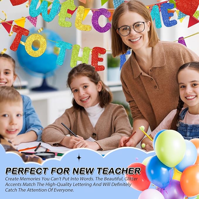 Fulmoon Pre Strung Welcome to The Team Banner with Two Heart Signs, NO DIY, Glitter Welcome Party Supplies for New Employee, Coworker, Colleague, Staff, Team Member Office Decorations (Colorful)