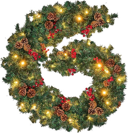 Christmas Garland with Lights, 9FT Christmas Garland for Mantle, Prelit Outdoor Garlands with Red Berries and Pine Cores for Ourdoor Indoor Mantle Table Stairs Fireplace Home Christmas Decor