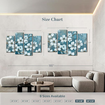 Elephant Stock Blossoms Of Evening Wall Art - Horizontal Canvas - 4-Piece Living Room Wall Decor - Blossom Painting Canvas Print - Blue and Gray Decor for Wall by Carol Robinson - 84" X 54"