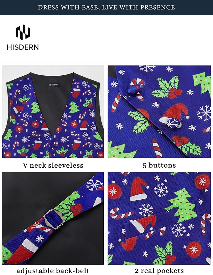 HISDERN Men's Suit Vest Christmas Holiday Season Party Jacquard Waistcoats Necktie Pocket Square Vest Suit Set