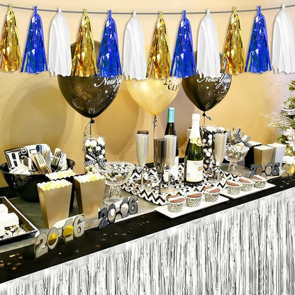 3 Pack Navy-Blue White and Gold Tassel Banner Garland Metallic Foil Fringe Banner Tinsel Tassels Streamer Banner Backdrop for Parade Floats, 2025 Graduation, Retirement Party Decoratio
