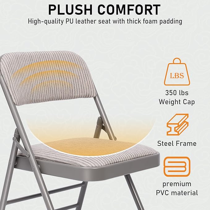 SEALAMB 16 Pack Folding Chairs with Padded Seats & Cushion, Durable Metal Foldable Chairs for Wedding Party, Commercial Chairs for Office School Church Events, 350lb Capacity (Grey-Fabric, 16 Pack)