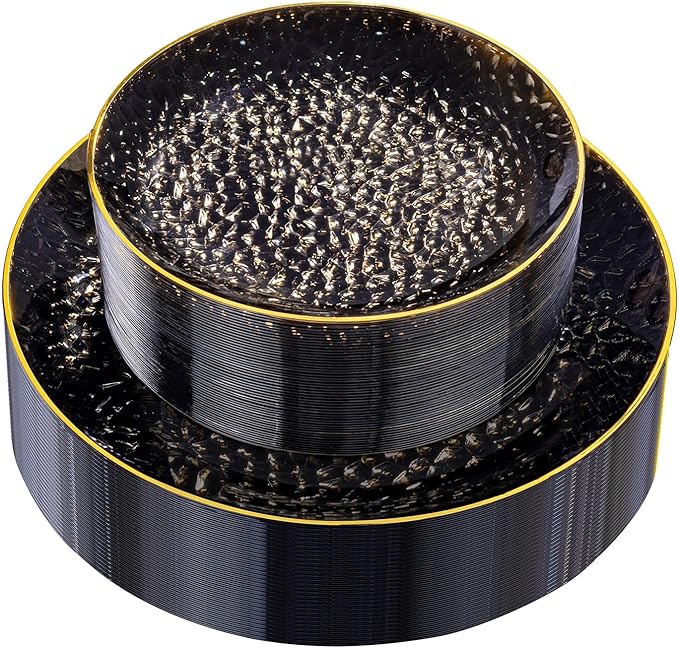 Rubtlamp 60Pcs Black Plastic Plates, Black Disposable Plates With Gold Rim, Clear Heavy-duty Party Plates, Hammered Plastic plates Include 30 Dessert Platos, 30 Dinner Platos for Party, New Year