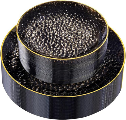 Rubtlamp 60Pcs Black Plastic Plates, Black Disposable Plates With Gold Rim, Clear Heavy-duty Party Plates, Hammered Plastic plates Include 30 Dessert Platos, 30 Dinner Platos for Party, New Year
