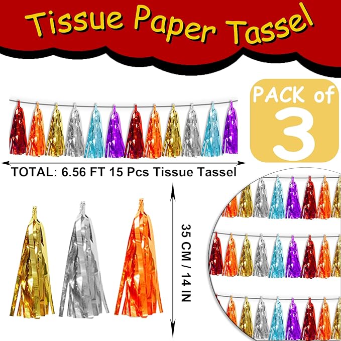 3P Lake Blue Orange-Red-Gold-Silver-Purple Tassel Banner Garland Metallic Foil Fringe Banner Tinsel Tassels Streamer Banner Backdrop for Parade Floats,Graduation Wedding Party Decorations