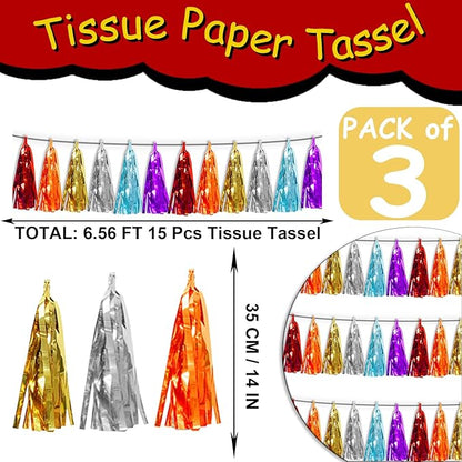 3P Lake Blue Orange-Red-Gold-Silver-Purple Tassel Banner Garland Metallic Foil Fringe Banner Tinsel Tassels Streamer Banner Backdrop for Parade Floats,Graduation Wedding Party Decorations