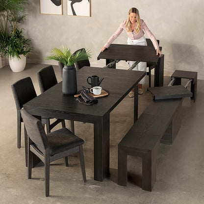 Transformer Table - Solid Wood Extendable Dining Table, Seats 2-12, Expandable Dining Room Table, Space-Saving Furniture, Kitchen and Dining Room Furniture (Black, Table + Bench + 4 Chairs)