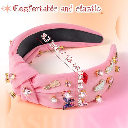 PANTIDE Music Jeweled Knotted Headband - Singer Fans Gift Guitar Red Lip Rhinestone Crystal Embellished Headband Wide Top Knot Fashion Hairband Birthday Back To School Gift for Women Girls (Pink)