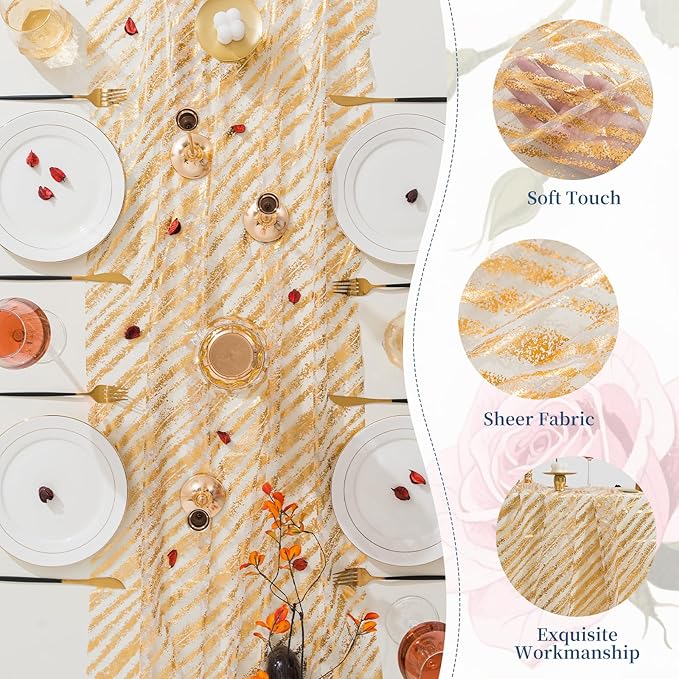 10 Pcs Gold Table Runners, 28In x 10 Ft Sheer Chiffon Tulle Cheesecloth with Glitter Metallic Foil, Golden Sequin Gauze Runner for Wedding, Birthday, Baby Shower, Anniversary Party Decor, Striped