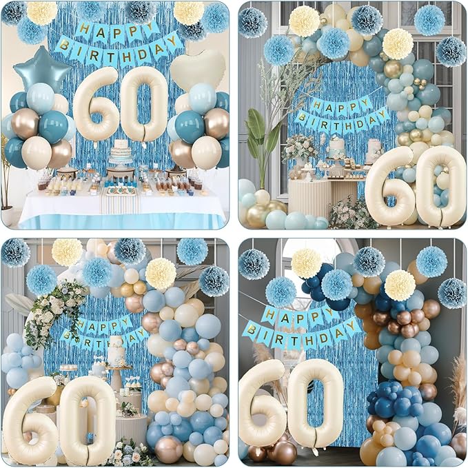 Dusty Blue 60th Birthday Party Decorations for Women Men Beige Cream Number 60 Balloon with Blue Gold Happy Birthday Banner Fringe Curtain Paper Pom Poms Nude White Sand Champagne Star Foil Balloons