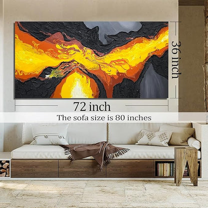 GUGIKA Large Abstract Wall Art for Living Room, Hand Painted 3D Textured Magma Paintings, Black and Gold Yellow Volcanic Lava Canvas Wall-Decor for Bedroom, Size 72x36 Inches