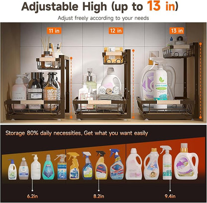 2 Packs Under Sink Organizer, Height Adjustable 2 Tier Under Kitchen Sink Organizer, Multi-Purpose Storage Shelf for Kitchen Bathroom Cabinet (Brown, Large)