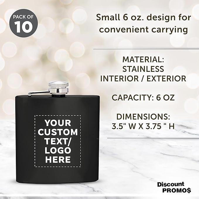 Custom Murano Stainless Steel Hip Flasks 6 oz. Set of 10, Personalized Bulk Pack - Screw on Cap, Great for Wedding Party Gifts, Groomsmen Gifts, Outdoor Activities - Black