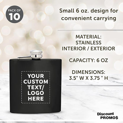 Custom Murano Stainless Steel Hip Flasks 6 oz. Set of 10, Personalized Bulk Pack - Screw on Cap, Great for Wedding Party Gifts, Groomsmen Gifts, Outdoor Activities - Black
