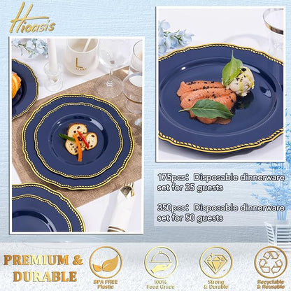 Hioasis 350pcs Blue and gold Plastic Plates - Blue Plastic Dinnerware Set Includes 50 Dinner Plates, 50 Dessert Dinnerware, 50 Cups, 50 Rolled Napkin Cutlery Perfect for Wedding & Christmas
