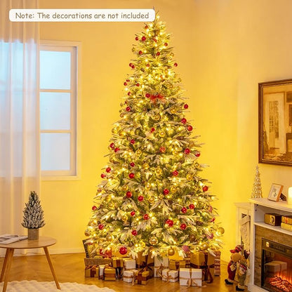 GOFLAME 9FT Pre-Lit Artificial Christmas Tree, Snow Flocked Xmas Tree with 1871 Branch Tips, 690 Warm White LED Lights, 117 Pine Cones, Holiday Decoration Tree for Home Office Party