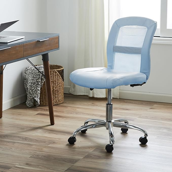 Serta Essential Armless TaskChair, Small Desk Chairs with Wheels, Breathable Mesh Back and Faux Leather, Quality Foam Cushion Seat for Comfort, Minimal Design for Vanity Table, Sky Blue