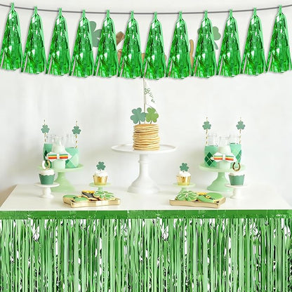 3P Green Tassel Banner Garland Metallic Foil Fringe Banner Tinsel Tassels Streamer Banner Backdrop for Parade Floats, 2025 Graduation Decorations, Father's Day Party Decoration